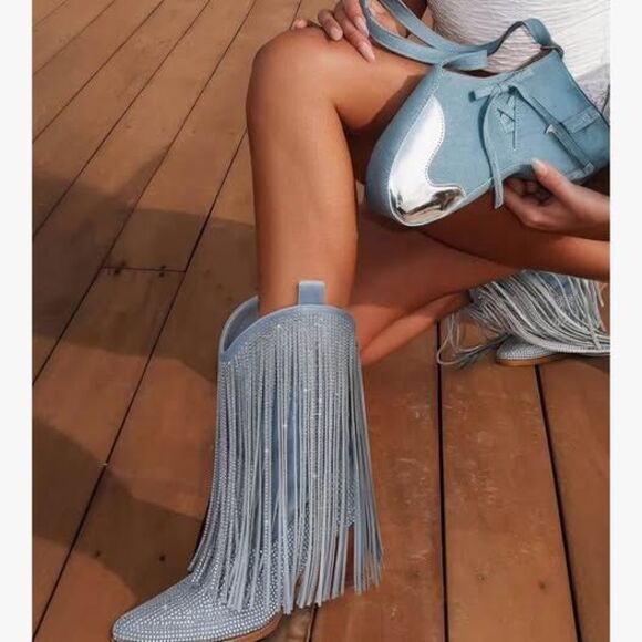 Hiclotsa  Boot Western Rhinestone Sparkly Fringe Chunky Heel Pointed Toe - Picture 3 of 6
